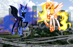 Size: 2500x1613 | Tagged: safe, artist:drakizora, artist:theotterpony, daybreaker, nightmare moon, pony, city, giantess, highrise ponies, houston, irl, macro, photo, ponies in real life, story included, this will end in pain, xk-class end-of-the-world scenario