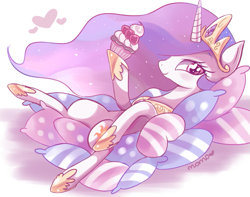 Size: 787x620 | Tagged: safe, artist:ipun, princess celestia, alicorn, pony, cupcake, heart eyes, pillow