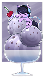 Size: 1016x1764 | Tagged: safe, artist:xwhitedreamsx, oc, oc only, oc:bangers, earth pony, pony, cherry, chibi, commission, cute, food, headphones, ice cream, impossibly large ice cream, male, micro, ocbetes, smiling, solo, stallion, ych result