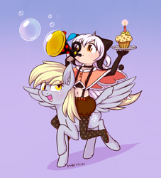 Size: 1948x2150 | Tagged: safe, artist:dsp2003, artist:lalieri, derpy hooves, human, pegasus, pony, 2017, candle, cheese, crossover, female, food, gradient background, humans riding ponies, mare, muffin, nagisa momoe, open mouth, puella magi madoka magica, purple background, riding, simple background, soap bubble