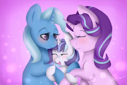 Size: 1024x683 | Tagged: safe, artist:phantomaura8166, derpibooru import, starlight glimmer, trixie, oc, oc:dove, pony, unicorn, female, lesbian, magical lesbian spawn, mare, mother and child, mother and daughter, offspring, parent and child, parent:starlight glimmer, parent:trixie, parents:startrix, shipping, startrix