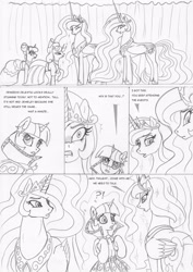 Size: 887x1250 | Tagged: safe, artist:leovictor, princess luna, twilight sparkle, oc, oc:nyx, alicorn, pony, monochrome