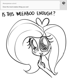 Size: 1278x1470 | Tagged: safe, artist:dsp2003, fluttershy, equestria girls, 2017, ask, blushing, impossibly large eyes, monochrome, parody, sketch, tumblr, weeaboo