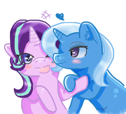 Size: 1000x907 | Tagged: safe, artist:ask-kingkero-the-pegasus, derpibooru import, starlight glimmer, trixie, pony, unicorn, blushing, female, heart, lesbian, mare, shipping, simple background, startrix, transparent background