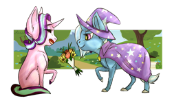 Size: 1024x613 | Tagged: safe, artist:duchesslummina, derpibooru import, starlight glimmer, trixie, pony, unicorn, bouquet, female, flower, lesbian, mare, shipping, startrix