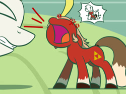 Size: 1800x1350 | Tagged: safe, artist:flutterluv, surprise, pony, angry, atg 2017, cross-popping veins, epona, eyes closed, female, mare, micro, newbie artist training grounds, open mouth, size difference, the legend of zelda, yelling