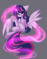 Size: 1000x1257 | Tagged: safe, artist:teranen, twilight sparkle, twilight sparkle (alicorn), alicorn, pony, colored pupils, cute, dock, eye clipping through hair, featureless crotch, female, floppy ears, glasses, glowing horn, gray background, looking at you, magic, mare, simple background, solo, twiabetes, underhoof