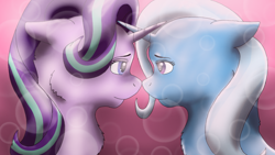 Size: 1024x576 | Tagged: safe, artist:nightrain96, derpibooru import, starlight glimmer, trixie, pony, unicorn, female, horns are touching, lesbian, mare, shipping, startrix