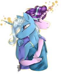 Size: 710x854 | Tagged: safe, artist:trueshinyinkfox, derpibooru import, starlight glimmer, trixie, anthro, unicorn, female, hug, lesbian, shipping, simple background, startrix, transparent background