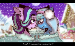 Size: 1189x733 | Tagged: safe, artist:dear-deerr, derpibooru import, starlight glimmer, trixie, pony, unicorn, blushing, clothes, coat, female, hat, lesbian, mare, shipping, snow, startrix, wavy mouth