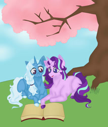 Size: 2155x2515 | Tagged: safe, artist:rentems, derpibooru import, starlight glimmer, trixie, pony, unicorn, book, female, lesbian, mare, shipping, startrix, tree