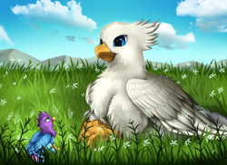 Size: 3509x2550 | Tagged: safe, artist:pridark, oc, oc only, oc:der, oc:gyro feather, oc:gyro tech, griffon, behaving like a bird, birds doing bird things, catbird, cute, eye contact, fluffy, grass, griffonized, looking at each other, looking up, majestic, micro, nervous, open mouth, prone, sitting, smiling, species swap, sweat, sweatdrop, wide eyes