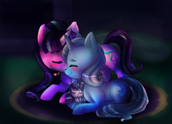 Size: 2500x1800 | Tagged: safe, artist:martenmartes, derpibooru import, starlight glimmer, trixie, oc, oc:dove, pony, unicorn, blushing, female, foal, happy, kilalaverse, lesbian, magical lesbian spawn, next generation, nuzzling, offspring, parent:starlight glimmer, parent:trixie, parents:startrix, shipping, sleeping, smiling, startrix