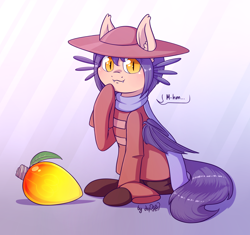 Size: 2760x2595 | Tagged: safe, artist:dsp2003, bat pony, pony, 2017, :3, :3c, crossover, cute, female, food, lightbulb, mango, niko (oneshot), oneshot, ponified, smiling, solo