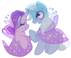 Size: 1280x1035 | Tagged: safe, artist:euphoriapony, derpibooru import, starlight glimmer, trixie, pony, unicorn, cape, clothes, female, hat, heart, heart eyes, mare, simple background, startrix, trixie's cape, trixie's hat, wingding eyes