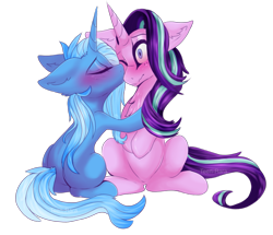 Size: 1161x1000 | Tagged: safe, artist:zephyrii, derpibooru import, starlight glimmer, trixie, pony, unicorn, blushing, female, kissing, lesbian, one eye closed, shipping, startrix