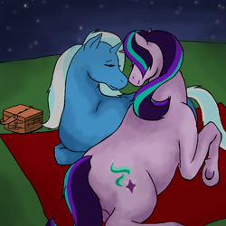 Size: 740x740 | Tagged: safe, artist:imakitten, derpibooru import, starlight glimmer, trixie, horse, pony, unicorn, female, lesbian, picnic, shipping, startrix