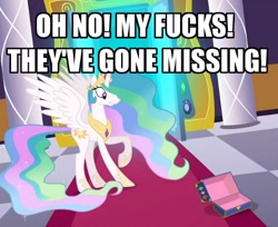 Size: 500x408 | Tagged: safe, edit, edited screencap, screencap, princess celestia, alicorn, pony, the return of harmony, caption, image macro, no fucks, vulgar