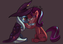 Size: 1280x895 | Tagged: safe, artist:quicksilver1987, derpibooru import, starlight glimmer, trixie, pony, unicorn, brown background, cape, clothes, female, hat, lesbian, lidded eyes, looking at each other, mare, obtrusive watermark, shipping, simple background, sitting, smiling, startrix, trixie's cape, trixie's hat, watermark