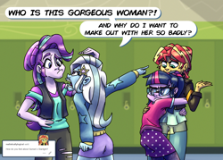 Size: 1400x1000 | Tagged: safe, artist:rawrienstein, derpibooru import, sci-twi, starlight glimmer, sunset shimmer, trixie, twilight sparkle, equestria girls, counterparts, female, hug, implied shimmerglimmer, implied startrixset, implied suntrix, jealous, lesbian, possessive, scitwishimmer, shipping, startrix, sunsetsparkle, twilight's counterparts