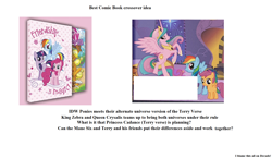 Size: 1654x960 | Tagged: safe, idw, applejack, pinkie pie, princess cadance, princess celestia, queen chrysalis, rainbow dash, twilight sparkle, alicorn, changeling, changeling queen, earth pony, pegasus, pony, comic, comic book, female, king zebra, terry, text