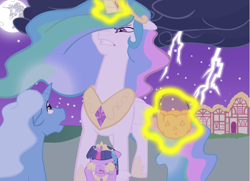 Size: 3623x2628 | Tagged: safe, artist:bri-sta, artist:somepony, princess celestia, twilight sparkle, alicorn, pony, angry, costume, crying, female, filly, filly twilight sparkle, high res, lightning, mama bear, momlestia, moon, nightmare night, this will end in tears and/or a journey to the moon, younger