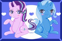 Size: 1024x683 | Tagged: safe, artist:kingkero, derpibooru import, starlight glimmer, trixie, pony, unicorn, blushing, female, heart, lesbian, mare, raised hoof, shipping, sitting, startrix, watermark