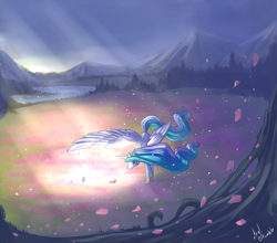 Size: 1362x1200 | Tagged: safe, artist:atryl, princess celestia, alicorn, pony, crepuscular rays, flower, meadow, solo