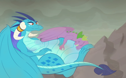 Size: 792x492 | Tagged: safe, artist:pencil-junkie, princess ember, spike, dragon, belly, belly pillow, emberspike, female, macro, male, moma ember, older, older spike, pregnant, shipping, straight, winged spike