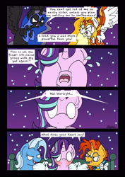 Size: 2480x3507 | Tagged: safe, artist:bobthedalek, derpibooru import, daybreaker, nightmare moon, starlight glimmer, sunburst, trixie, alicorn, pony, unicorn, a royal problem, bed, bisexual, blushing, comic, crying, dialogue, dream, female, lesbian, male, mare, open mouth, pillow, polyamory, shipping, shrunken pupils, smiling, spread wings, stallion, starburst, startrix, startrixburst, straight, this will end in polygamy, wings