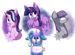 Size: 5220x3854 | Tagged: safe, artist:chub-wub, derpibooru import, maud pie, starlight glimmer, trixie, twilight sparkle, twilight sparkle (alicorn), alicorn, earth pony, pony, unicorn, absurd resolution, blushing, female, flower, glowing horn, lesbian, letter, love letter, mare, mauxie, shipping, simple background, startrix, transparent background, twixie