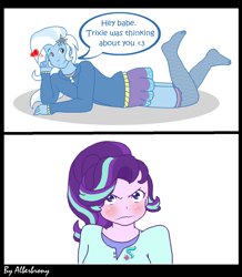 Size: 1248x1434 | Tagged: safe, artist:alberbrony, derpibooru import, starlight glimmer, trixie, equestria girls, blushing, clothes, female, heart, lesbian, missing shoes, shipping, startrix, stockings, thigh highs