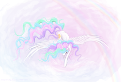 Size: 1500x1018 | Tagged: safe, artist:stepandy, princess celestia, alicorn, pony, female, horn, mare, missing accessory, multicolored mane, multicolored tail, solo, white coat, white wings, wings