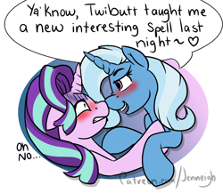 Size: 1024x887 | Tagged: safe, artist:jen-neigh, derpibooru import, starlight glimmer, trixie, pony, unicorn, bedroom eyes, blushing, dialogue, female, floppy ears, heart, lesbian, looking at each other, mare, shipping, shrunken pupils, smiling, startrix, this will end in snu snu and/or tears