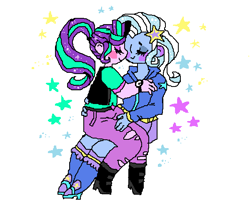 Size: 600x500 | Tagged: safe, artist:njeekyo, derpibooru import, starlight glimmer, trixie, equestria girls, blushing, female, hug, lesbian, shipping, startrix