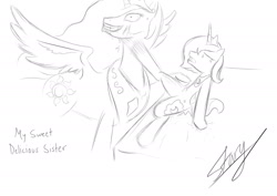 Size: 2150x1518 | Tagged: safe, artist:starykrow, princess celestia, princess luna, alicorn, pony, imminent rape, monochrome, princess molestia, s1 luna