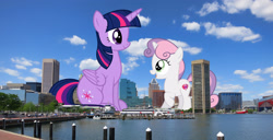 Size: 2925x1500 | Tagged: safe, artist:reginault, artist:slb94, artist:theotterpony, sweetie belle, twilight sparkle, twilight sparkle (alicorn), alicorn, pony, baltimare, baltimore, city, giant pony, highrise ponies, irl, macro, maryland, mega twilight sparkle, open mouth, photo, ponies in real life, raised hoof, sitting, story in the source