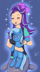 Size: 2130x3821 | Tagged: safe, artist:wolfy-pony, derpibooru import, starlight glimmer, trixie, human, pony, unicorn, equestria girls, mirror magic, spoiler:eqg specials, :t, beanie, blue background, blushing, cute, eyes closed, female, glimmerbetes, happy, hat, holding a pony, holding hooves, human coloration, human on pony hoof holding, humanized, kneeling, lesbian, mare, scrunchy face, shipping, simple background, smiling, sparkles, startrix, unamused