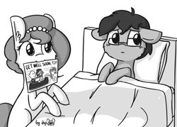 Size: 1600x1148 | Tagged: safe, artist:dsp2003, oc, oc only, oc:brownie bun, oc:richard, oc:tjpones, earth pony, human, pony, horse wife, 2017, bed, blushing, female, get well card, get well soon, glasses, hospital bed, i can't believe it's not tjpones, male, monochrome, mouth hold, open mouth, scared, sleigh, style emulation