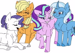 Size: 3562x2568 | Tagged: safe, artist:kaijudragon, derpibooru import, applejack, rarity, starlight glimmer, trixie, earth pony, pony, unicorn, chest fluff, double date, ear fluff, eyes closed, female, fluffy, happy, leg fluff, lesbian, mare, raised hoof, rarijack, shipping, simple background, smiling, startrix, white background