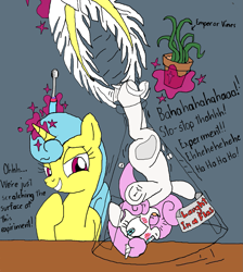 Size: 1431x1599 | Tagged: safe, alternate version, artist:goomingtoll, artist:icey-wicey-1517, lemon hearts, twinkleshine, oc, oc:emperor vines, pony, unicorn, bedroom eyes, blushing, colored, erlenmeyer flask, feather, female, fetish, flask, flaskhead hearts, giant/tiny, hoof fetish, hoof tickling, hooves, hung upside down, mare, micro, missing cutie mark, open mouth, plant, pot, size difference, tickle torture, tickling, toothbrush, underhoof, upside down, vine