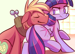 Size: 1280x932 | Tagged: safe, artist:gsphere, edit, big macintosh, twilight sparkle, twilight sparkle (alicorn), alicorn, pony, butt pillow, eyes closed, female, male, mare, shipping, sleeping, sleeping macintosh daily, straight, twibutt, twilight is not amused, twimac, unamused