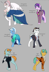 Size: 1313x1914 | Tagged: safe, artist:stuflox, derpibooru import, double diamond, snails, snips, starlight glimmer, stellar gleam, trixie, pony, alexei orlov, catherine the great, clothes, count orlov, dress, female, half r63 shipping, male, older, princes elizabeth, raised hoof, reference sheet, rule 63, shipping, startrix, straight, trixgleam, trixie's fans