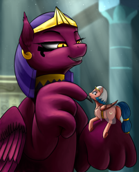 Size: 2340x2913 | Tagged: safe, artist:lightly-san, somnambula, sphinx (character), pegasus, pony, sphinx, daring done?, claws, female, hypnosis, looking at each other, macro, mare, paws, plot, size difference, smiling