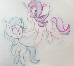 Size: 2846x2567 | Tagged: safe, artist:beaniesribblesalot, derpibooru import, starlight glimmer, trixie, pony, boop, female, lesbian, levitation, magic, missing cutie mark, shipping, startrix, telekinesis, traditional art