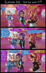 Size: 1000x1579 | Tagged: safe, artist:mlp-hearts, derpibooru import, starlight glimmer, sunset shimmer, trixie, equestria girls, movie magic, beanie, blushing, cinema, comic, dark skin, dialogue, female, flirting, hat, human coloration, hunting, lesbian, shipping, soda, startrix, theater, vulgar