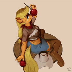 Size: 5000x5000 | Tagged: safe, artist:kevinsano, applejack, anthro, earth pony, unguligrade anthro, absurd resolution, boots, candy apple (food), clothes, female, freckles, futa folio, hat, licking, looking at you, looking back, neckerchief, skirt, solo, tongue out