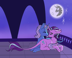 Size: 1000x800 | Tagged: safe, artist:uniquecolorchaos, derpibooru import, starlight glimmer, trixie, classical unicorn, pony, unicorn, duo, female, leonine tail, lesbian, mare, mare in the moon, moon, shipping, startrix, unshorn fetlocks