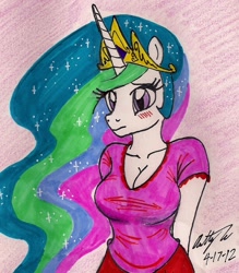 Size: 919x1048 | Tagged: safe, artist:newyorkx3, princess celestia, anthro, big breasts, blushing, breasts, cleavage, clothes, female, princess breastia, solo, t-shirt, traditional art