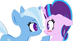 Size: 2560x1440 | Tagged: safe, artist:galawaille, derpibooru import, starlight glimmer, trixie, pony, unicorn, blushing, cute, duo, eye contact, female, glimmerbetes, lesbian, looking at each other, mare, shipping, simple background, startrix, transparent background